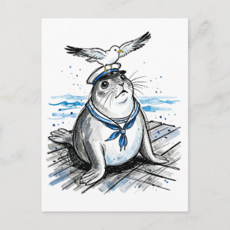 Cartão Postal Foca-comum com gaivota em ilustração de tinta mari