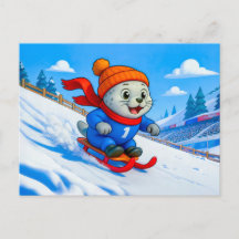 Foca deslizando em um monte de neve de uma montanh