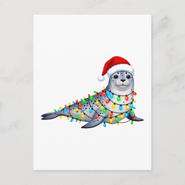 Cartão Postal Foca Festiva Coberta com Luzes de Natal (Frente)