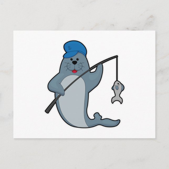 Cartão Postal Foca na pesca com vara de pescar & peixe (Frente)