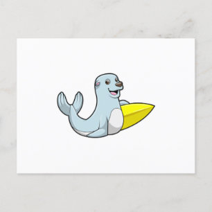 Cartão Postal Foca surfando com prancha de surfe