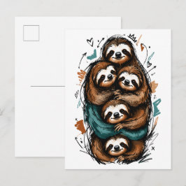 Cartão Postal Fofa Família de Preguiças Empilhadas – Desenho Eng