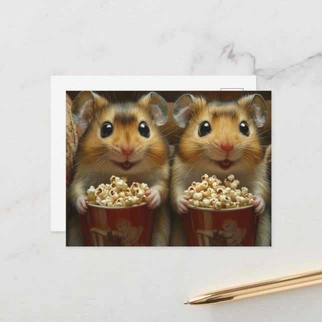 Cartão Postal Fofos Hamsters Marrons Com Pipoca (Frente/Verso In Situ)