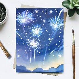 Cartão Postal Fogos de artifício azuis | Aquarela de Celebração 