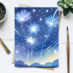 Cartão Postal Fogos de artifício azuis   Aquarela de Celebração 