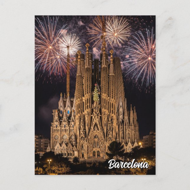Cartão Postal Fogos de artifício no Barcelona La Sagrada Família (Frente)