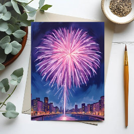 Cartão Postal Fogos de Artifício Roxos | Ano Novo em Aquarela