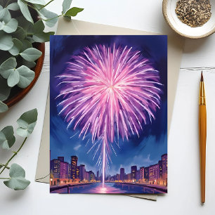 Cartão Postal Fogos de Artifício Roxos Ano Novo em Aquarela