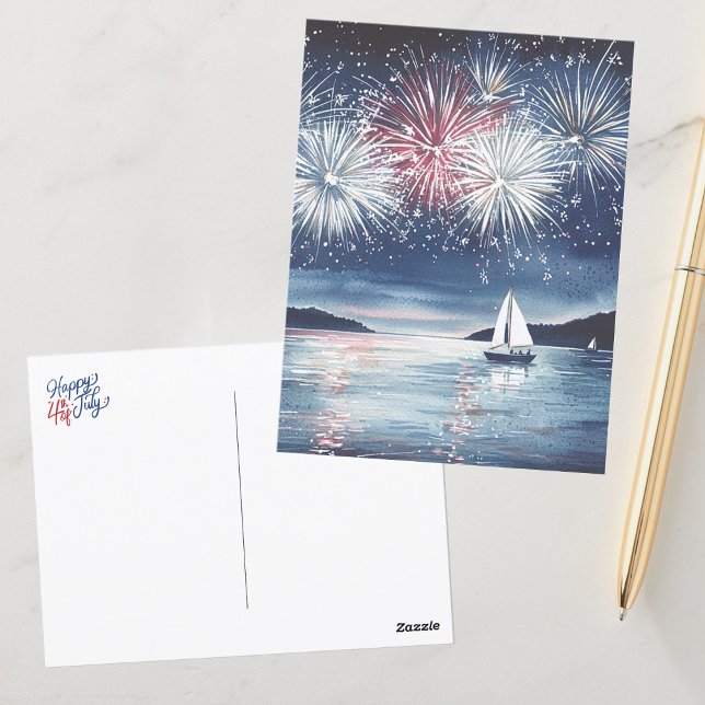 Cartão Postal Fogos Festivos de Aquarela sobre o Lago Feliz 4 (Criador carregado)
