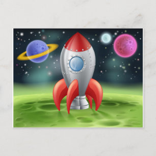 Cartão Postal Foguete Espacial de Cartoon no Planeta Alienígena