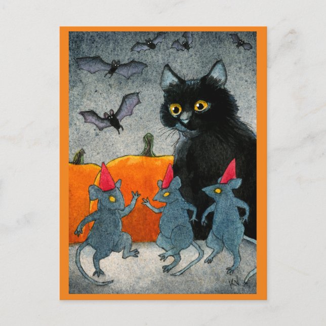 Cartão Postal Foguete Gato Gato Bat Halloween no outono (Frente)