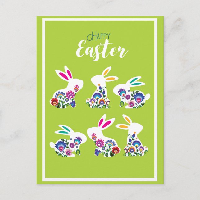 Cartão Postal Folclore Coelhos Felizes de Páscoa primavera verde (Frente)