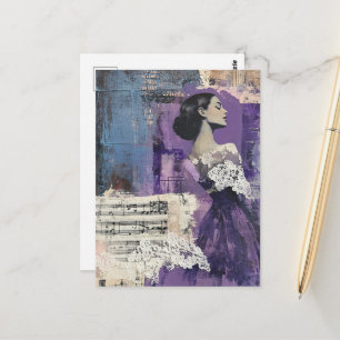 Cartão Postal Folha de Música de Colagem de Mulher Vintage Renda
