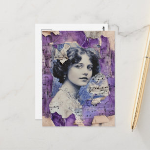 Cartão Postal Folha de Música em Colagem de Mulher Vintage Roxa