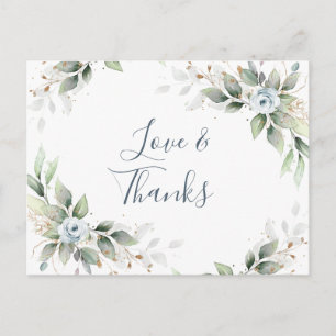 Cartão Postal Folhagem Azul Elegante De Aquarela, Obrigado