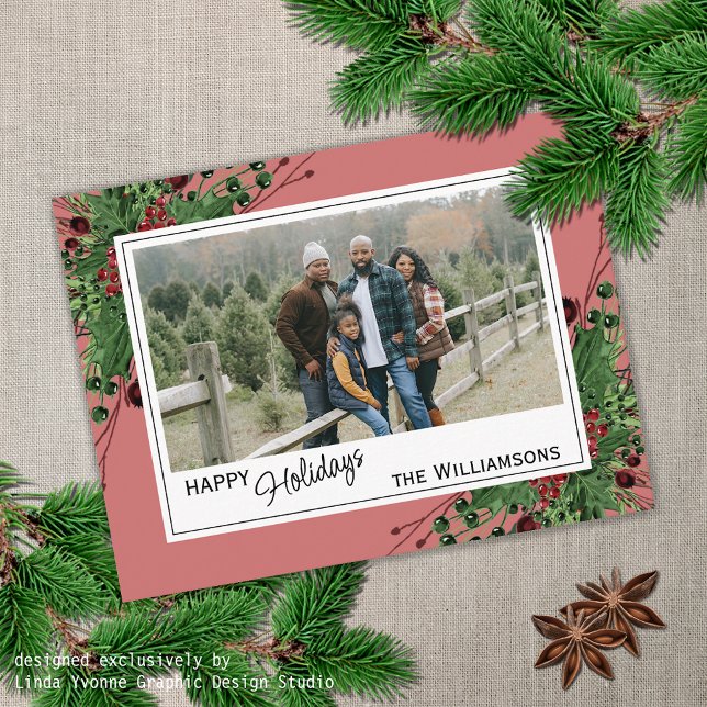 Cartão Postal Folhagem Botânica Holly Verde De Berries Vermelhos (Criador carregado)