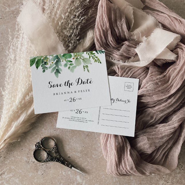 Cartão Postal Folhagem Eucalipto Verde Horizontal Salvar a Data (Criador carregado)