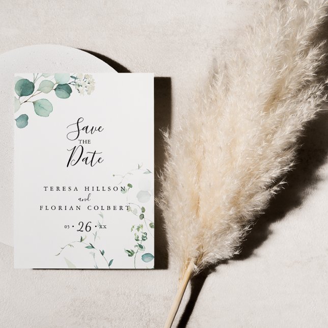 Cartão Postal Folhagem Eucalyptus Verde de Verão Salva a Data (Criador carregado)