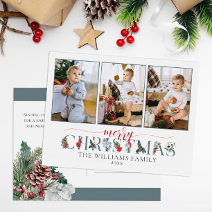 Cartão Postal Folhagem Festiva Feliz Natal Floral 3-Fotos