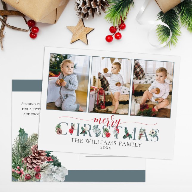 Cartão Postal Folhagem Festiva Feliz Natal Floral 3-Fotos (Criador carregado)