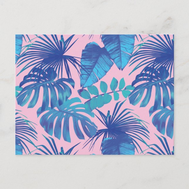 Cartão Postal Folhagem tropical rosa e azul personalizada (Frente)