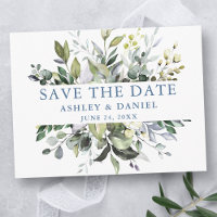Folhagem Verde em Aquarela Save the Date Azul Empo