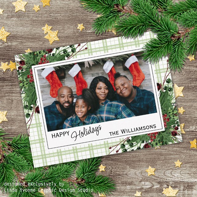 Cartão Postal Folhas Botânicas de Azevinho Verde Clássico com Fr (Criador carregado)