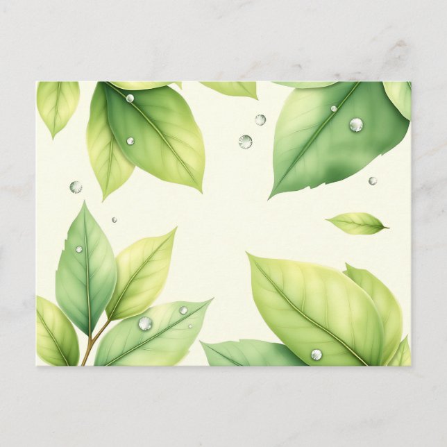 Cartão Postal Folhas de Aquarela com Dewdrops (Frente)