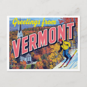 Cartão Postal Folhas de Outono de Vermont Esquiando Igreja