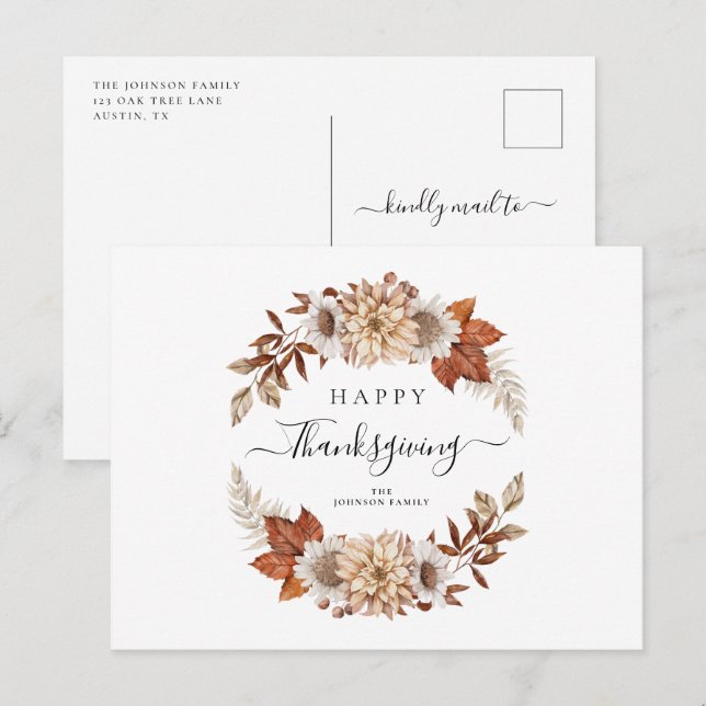 Cartão Postal Folhas de Outono Rústicas Feliz Dia de Ação de Gra (Frente/Verso)