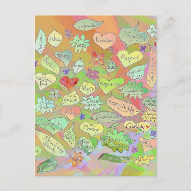 Cartão Postal Folhas, Flores, Corações/Palavras Conscientes Cart (Frente)