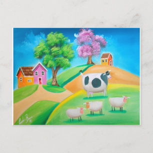 Cartão Postal Folheto e pintura colorida de vaca e ovelha