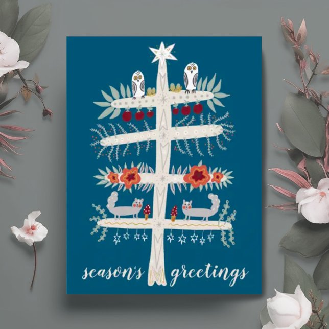 Cartão Postal Folk Art Tree of Life Christmas Holiday CUSTOM (Hand drawn charming tree of life holiday postcard with cute animals. Customize the text too)