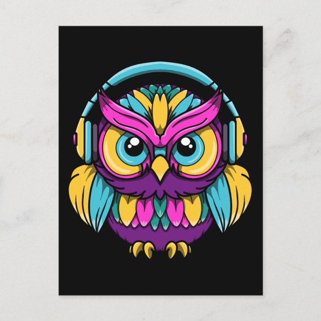 Cartão Postal Fones de ouvido de Visto de Retro Owl (Frente)
