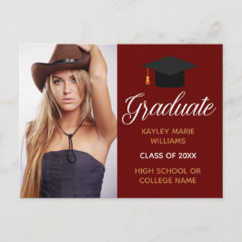 Cartão Postal Formando Burgundy Red Graduation Photo Chic 2023