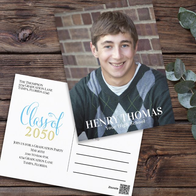 Cartão Postal Formando de Fotografia Azul Dourado Simples e Mode (Criador carregado)