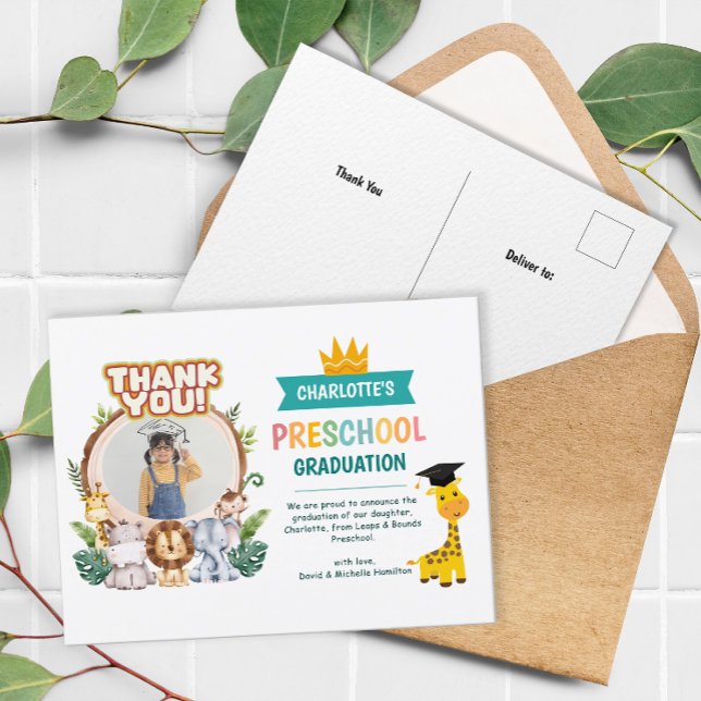 Cartão Postal Formatação de Fotos na Pré-escola Animal Obrigado (Animal Preschool Photo Graduation Thank You Postcard)