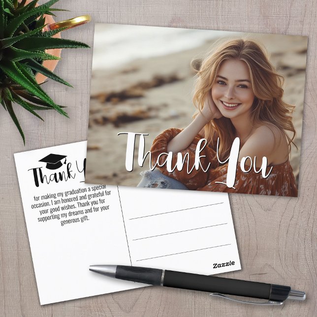 Cartão Postal Formatura Agradecimento com Foto - Script Branco (Graduation Thank You Postcard)