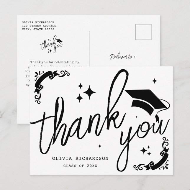 Cartão Postal Formatura Personalizada Elegante Script Estrelas & (Frente/Verso)