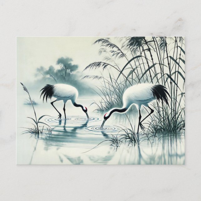 Cartão Postal Forragem de guindastes em tinta de tinta chinesa d (Frente)