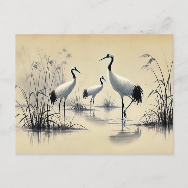 Cartão Postal Forragem de guindastes em tinta de tinta chinesa d (Frente)