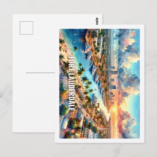 Cartão Postal Fort Lauderdale Flórida, EUA, famoso Place, aquare (Frente/Verso)