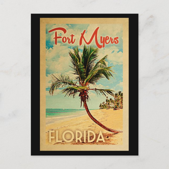 Cartão Postal Fort Myers Postcard Florida Palm Tree Beach Retro (Frente)