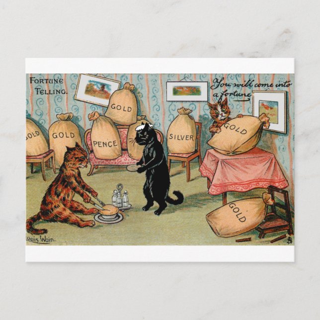 Cartão Postal Fortune contando dinheiro por Louis Wain (Frente)