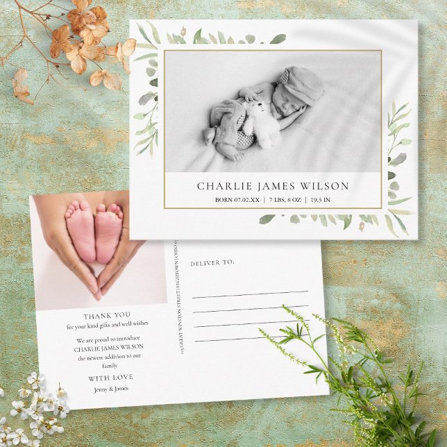 Cartão Postal Foto Bebê Aquarela Folhagem Obrigado pelo Nascimen (Criador carregado)