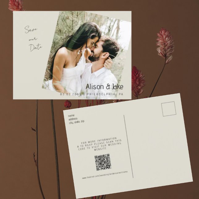 Cartão Postal Foto Beige Salvar a data Casamento Código QR (Criador carregado)