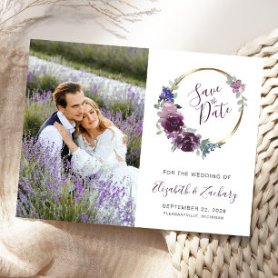 Cartão Postal Foto Boho Purple Floral Dourado Frame Salvar Data