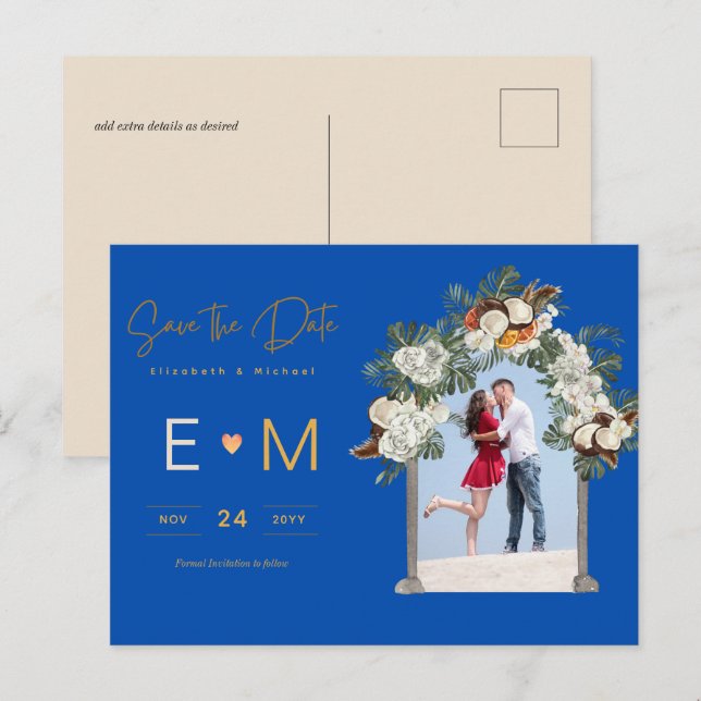 Cartão Postal Foto Casamento Salvar a Data Azul Real Floral (Frente/Verso)