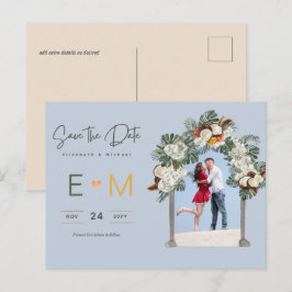 Cartão Postal Foto Casamento Salvar a Data Floral Azul Empoeirad