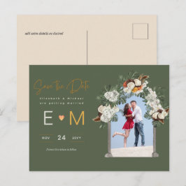 Cartão Postal Foto Casamento Salvar a Data Floral Verde Oliva